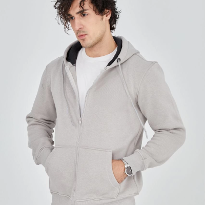 Tam Fermuarlı Kapşonlu  SweatShirt - Boyalı Gri